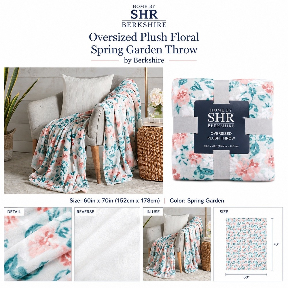 Berkshire Blanket‎ Home SHR Oversized Plush Spring Garden Throw Pink Teal 60x70